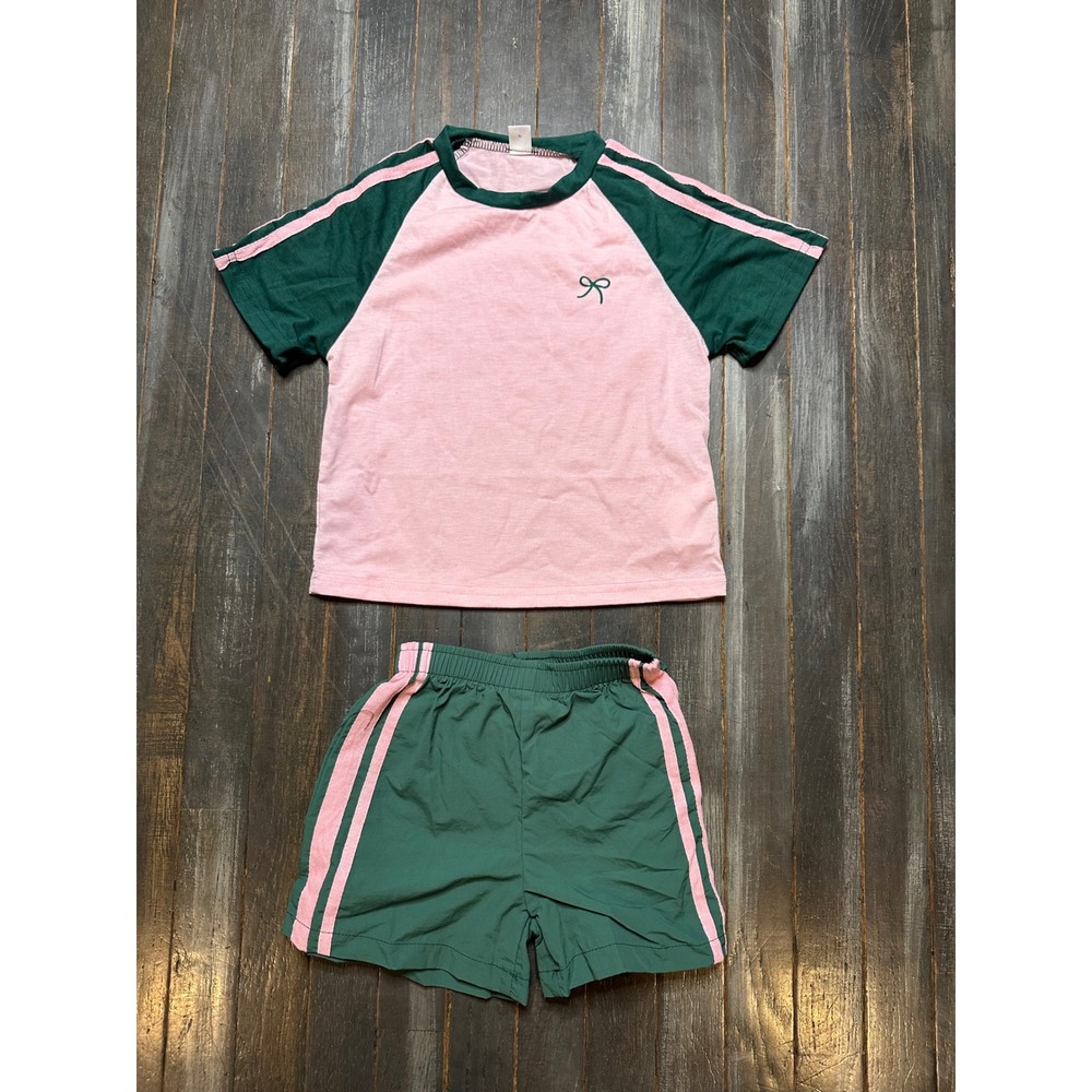 SHEIN Pink and Green Raglan Short Sleeve Top and Shorts Activewear Set